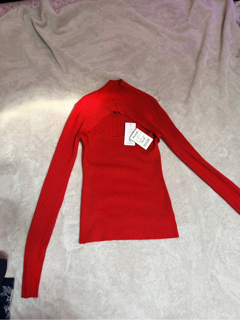 Pink Rose Red Ribbed Cutout Mock Neck Sweater